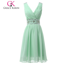 Grace Karin Hellgrün Chiffon Perlen Knielänge V-Ausschnitt V Rückenart Kurzes Abendkleid CL6104